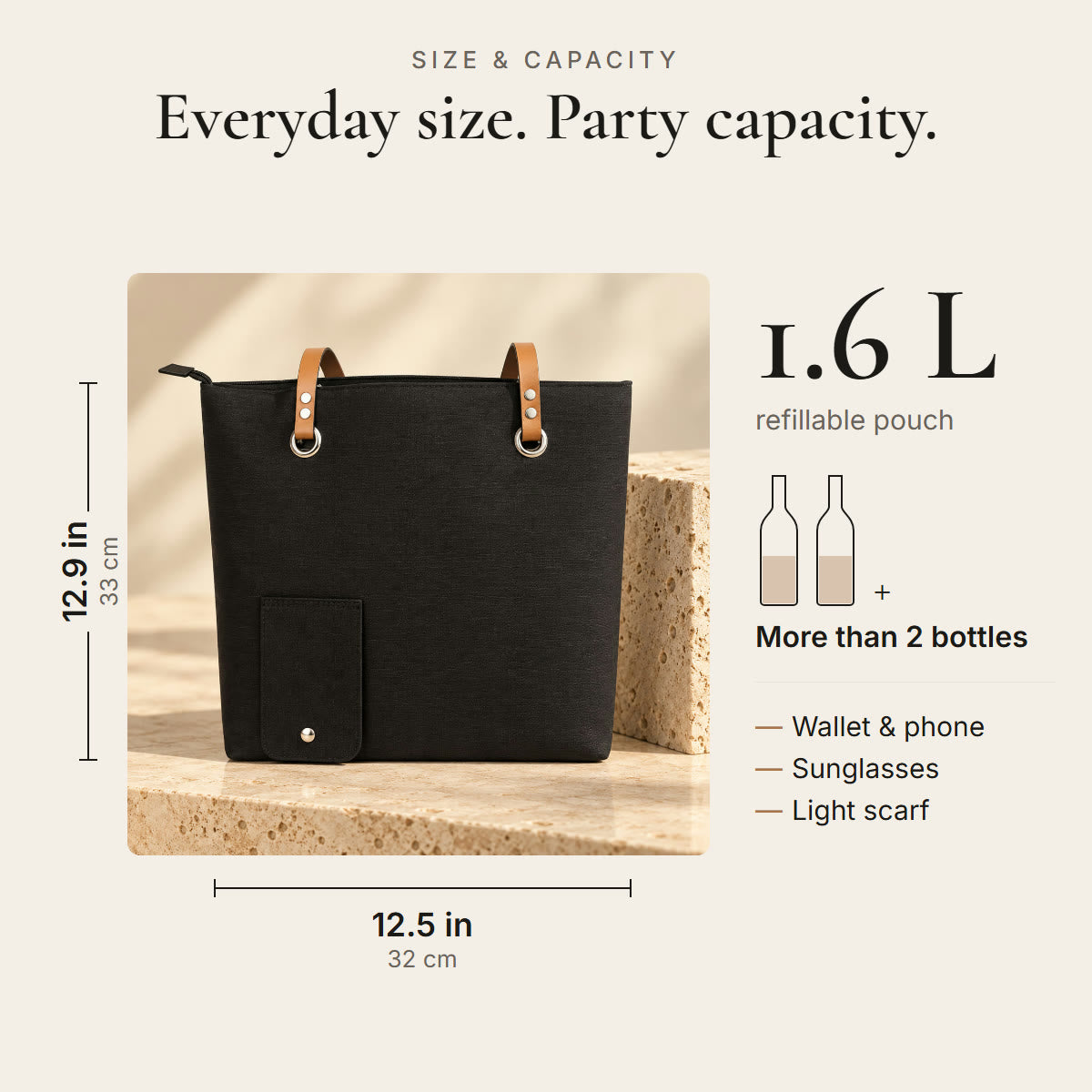 Size 12.9 by 12.5 inches, 1.6 liter pouch