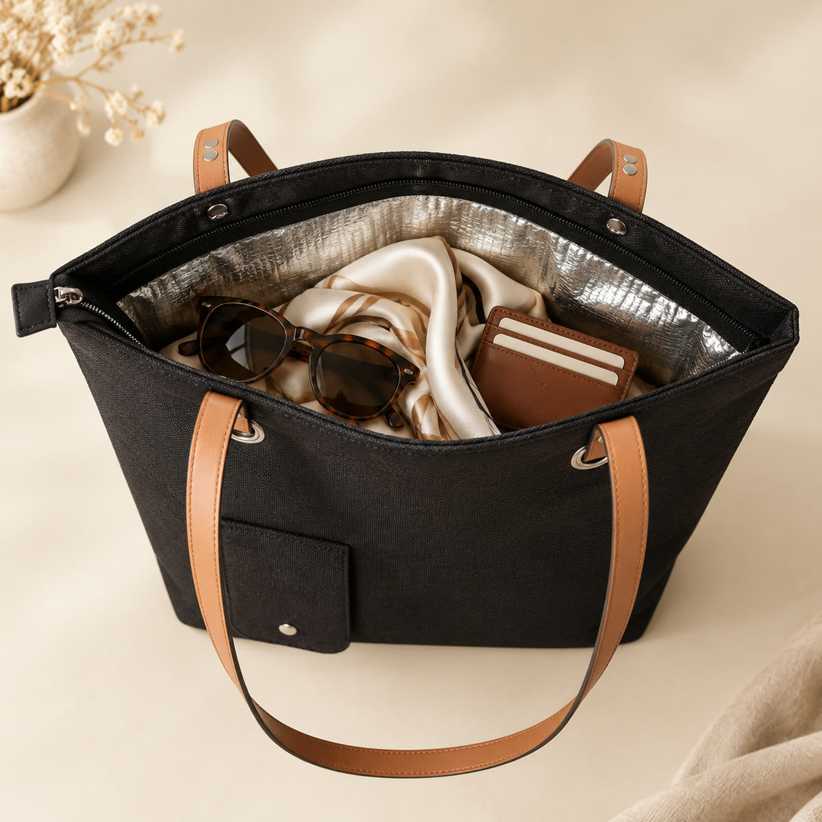 Insulated silver lining inside the open tote