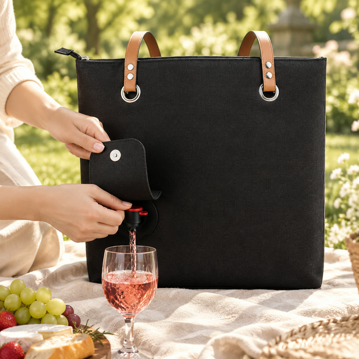 Pouring rosé from the hidden spout into a glass